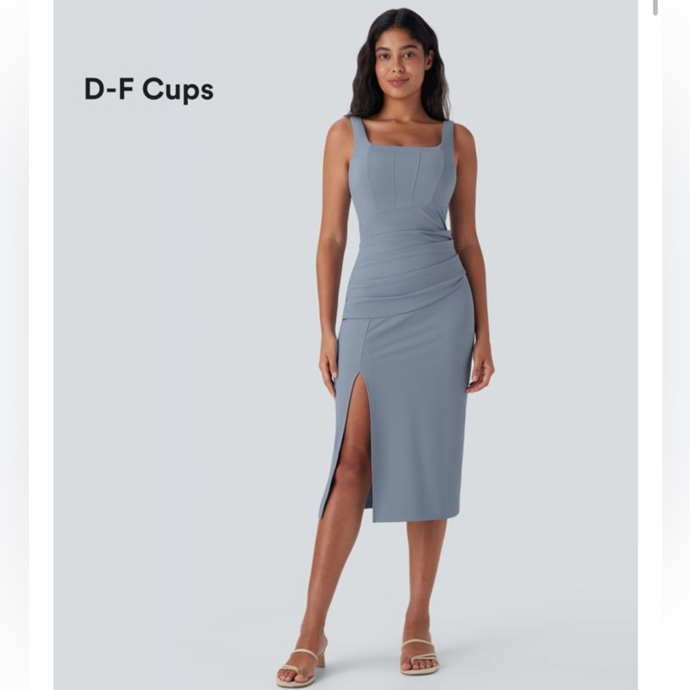 HALARA Sleeveless Square-Neck Midi Dress in Dusty Blue